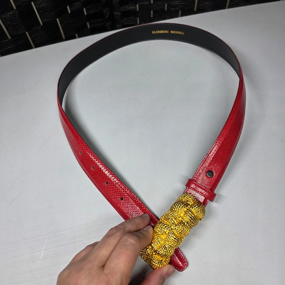 Kleinberg Sherrill Red Lizard Embossed Leather Belt Gold Braided Rope Buckle 32
